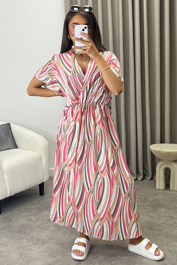 Gwyn Beige Multi Stripe Print Plunge Belted Maxi Dress